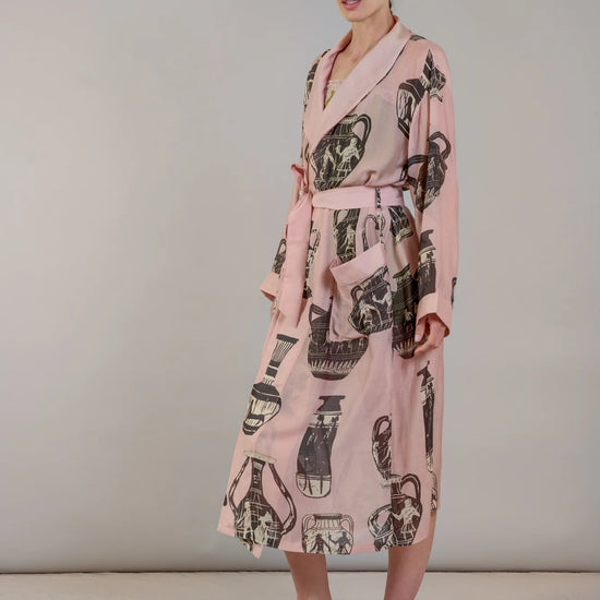 pink and dark grey robe with pots print  side view 