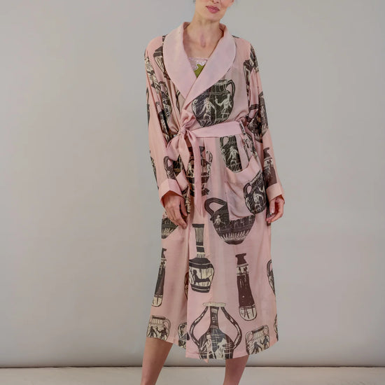 pink and dark grey robe with pots print  model shot 