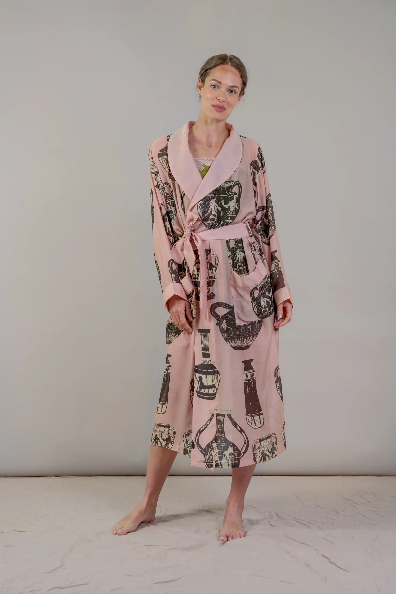 pink and dark grey robe with pots print  model shot 