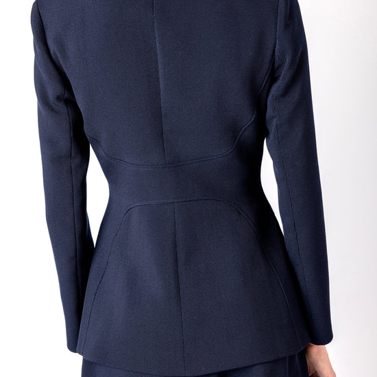 navy structured blazer with 2 gold hammered buttons rear view