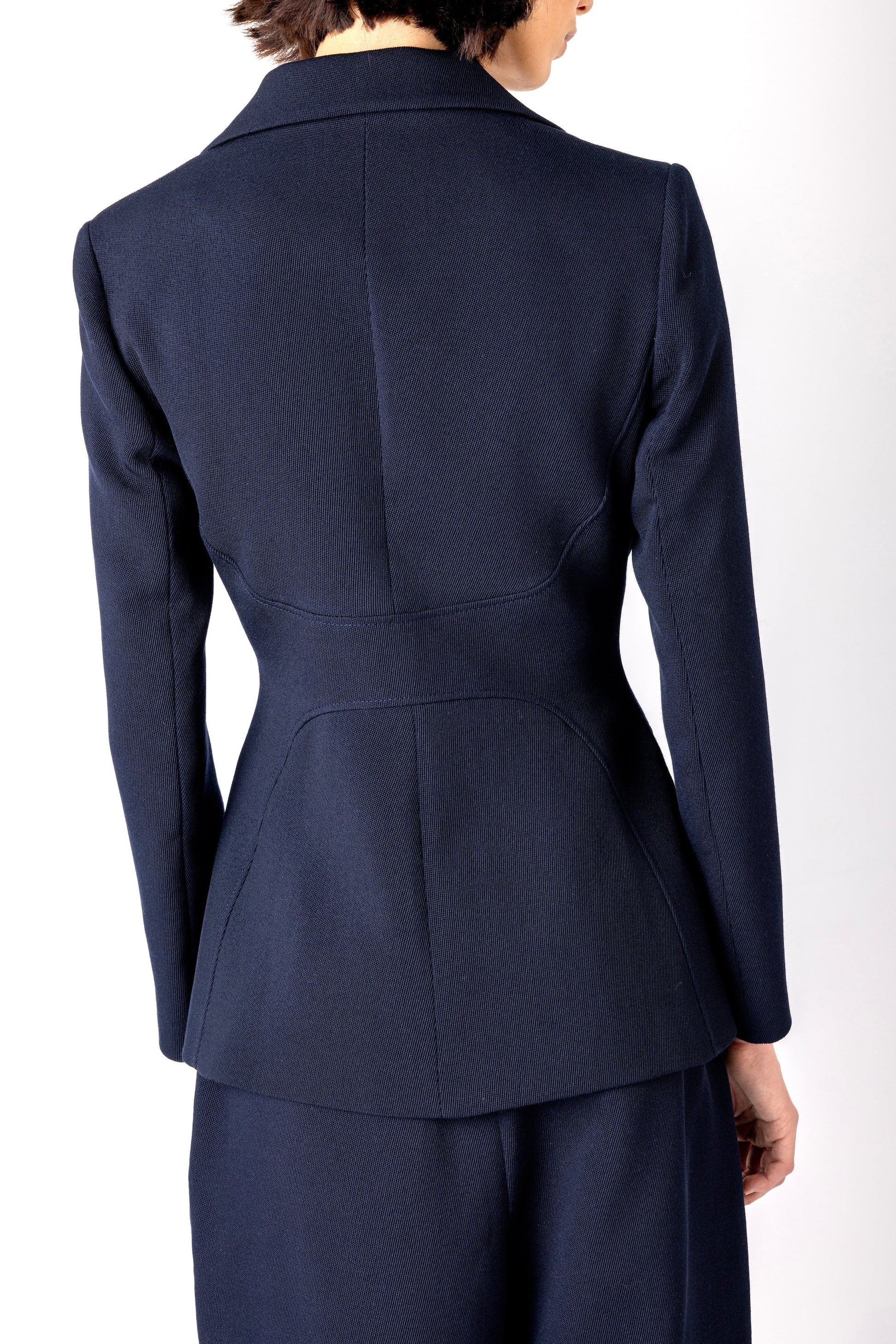 navy structured blazer with 2 gold hammered buttons rear view