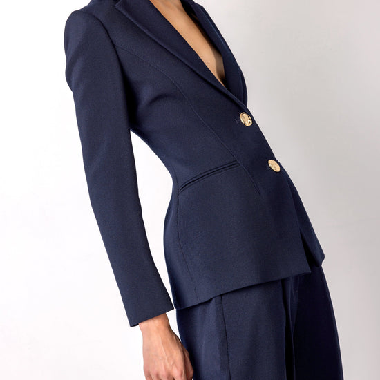 navy structured blazer with 2 gold hammered buttons model shot