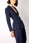 navy structured blazer with 2 gold hammered buttons model shot