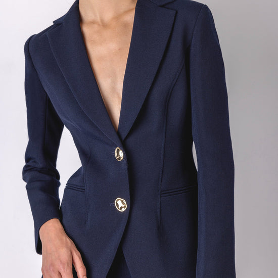 navy structured blazer with 2 gold hammered buttons