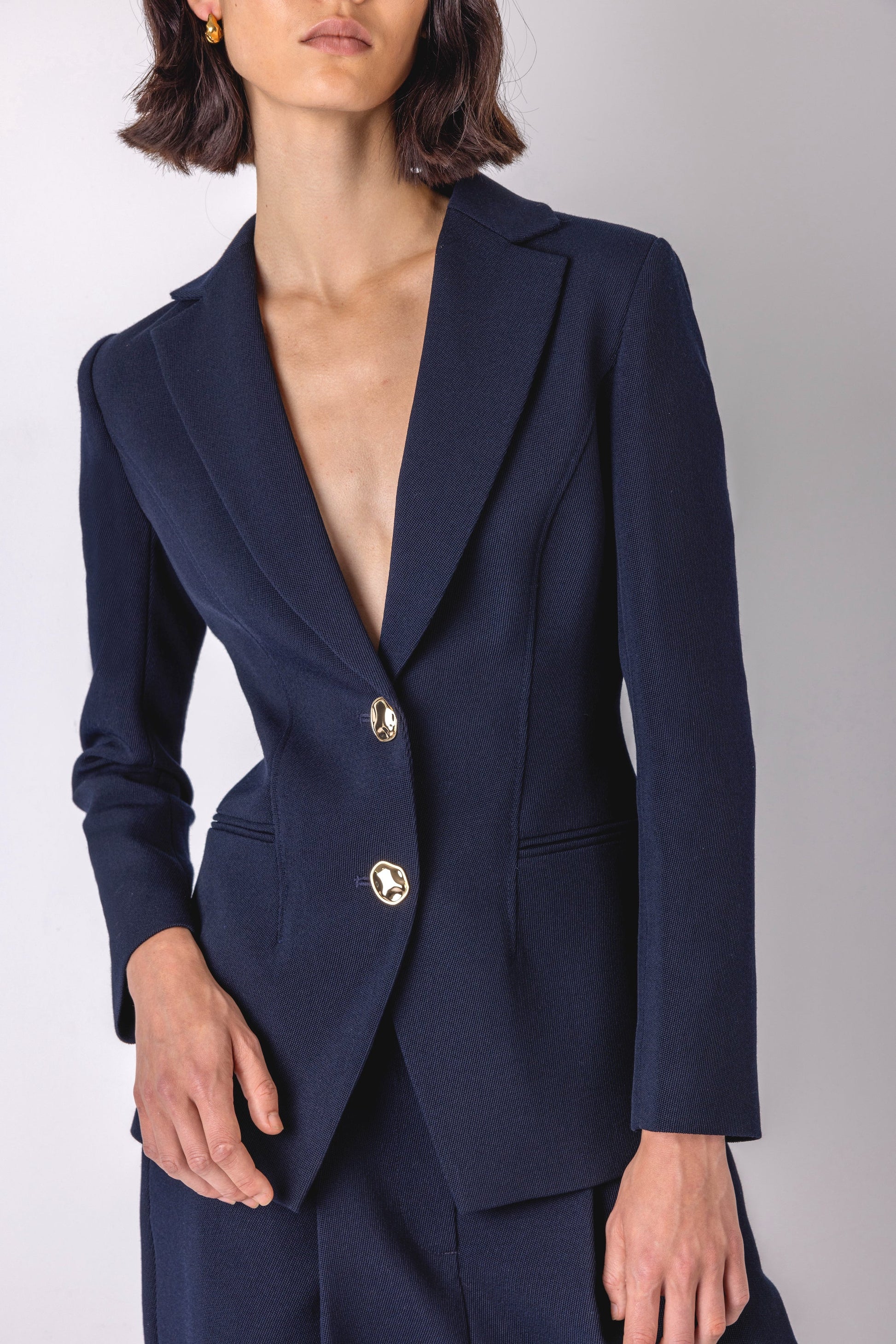 navy structured blazer with 2 gold hammered buttons