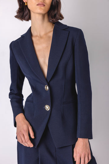 navy structured blazer with 2 gold hammered buttons