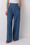 wide leg high rise denim blue jeans with pleated front