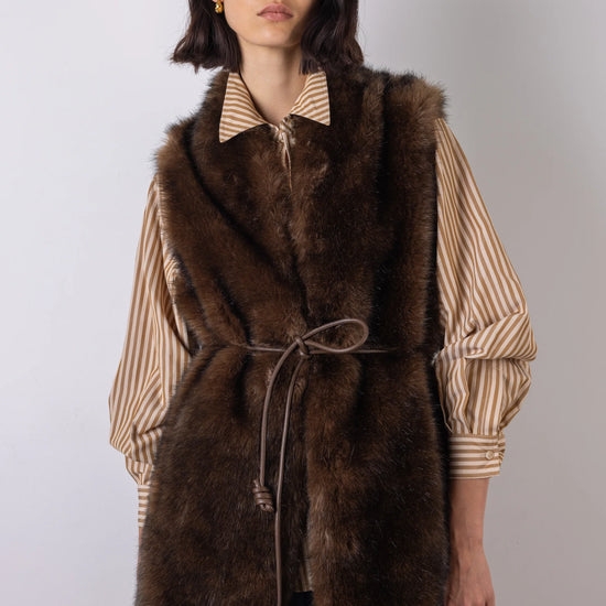 faux fur long belted brown gilet