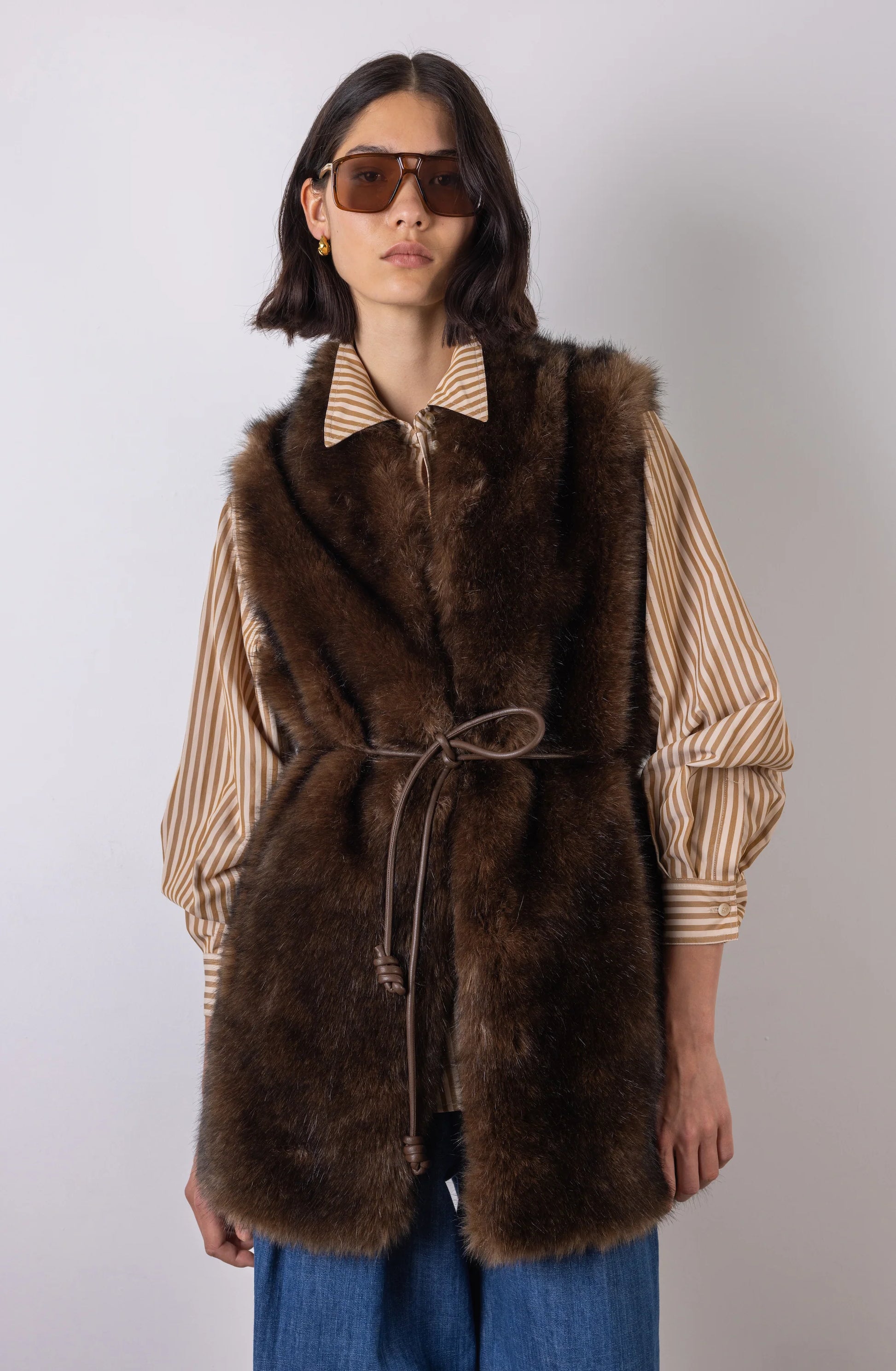 faux fur long belted brown gilet