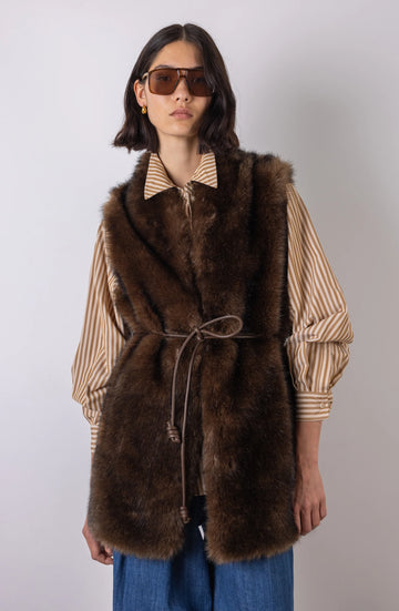 faux fur long belted brown gilet