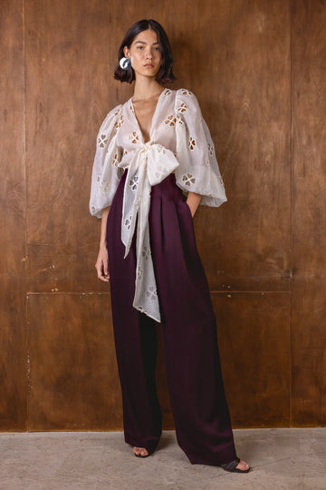 v neck sheer white blouse with tie at the front and blouson sleeves