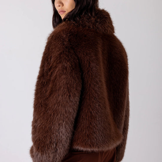 Brown fuax fur jacket with collar rear view