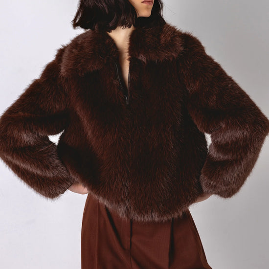 Brown fuax fur jacket with collar