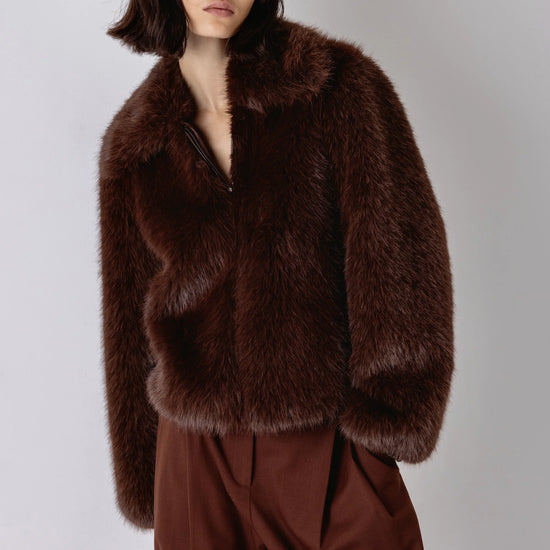 Brown faux fur jacket with collar