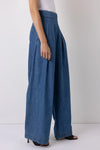 wide leg high rise denim blue jeans with pleated front side view