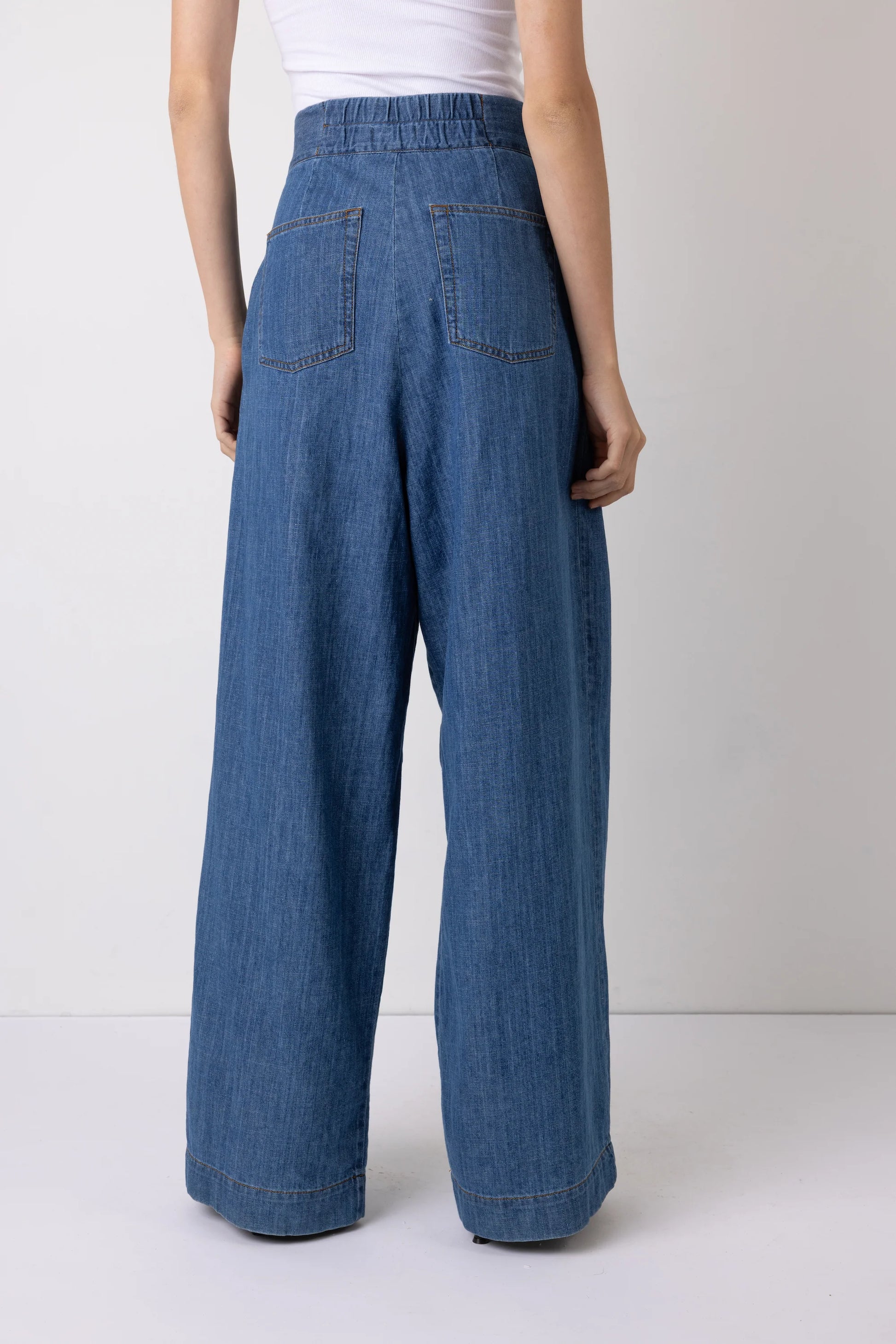 wide leg high rise denim blue jeans with pleated front rear view