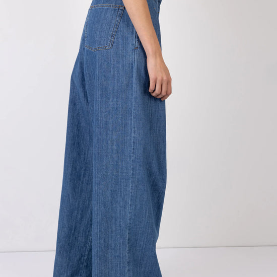 wide leg high rise denim blue jeans with pleated front rear view