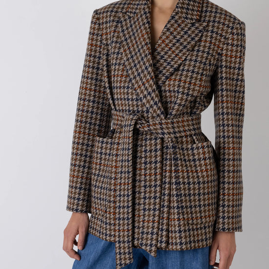 Brown check blazer with tie belt detail