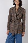 Brown check blazer with tie belt detail