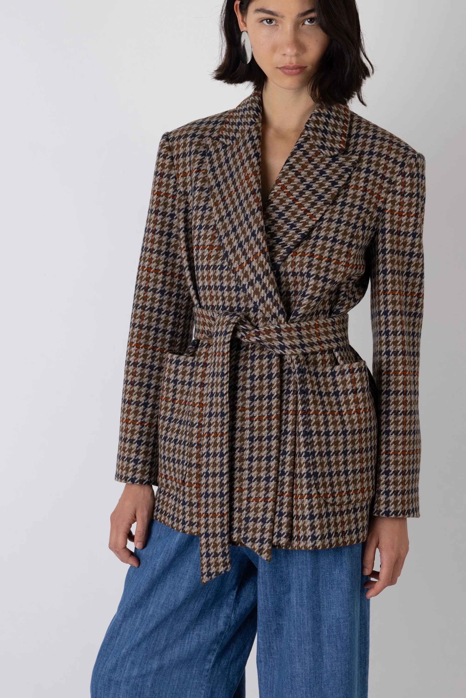 Brown check blazer with tie belt detail
