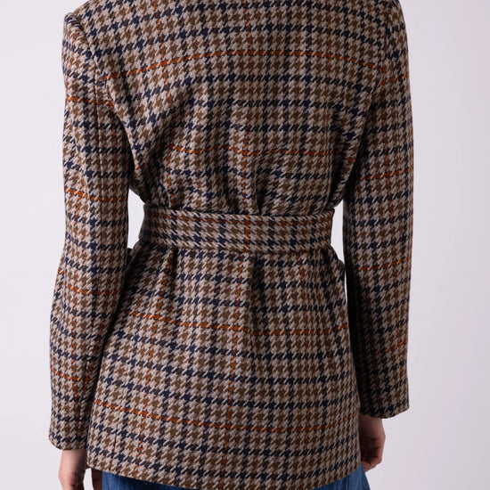 Rear view of brown check blazer with removable tie belt detail