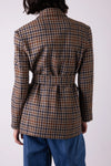 Rear view of brown check blazer with removable tie belt detail