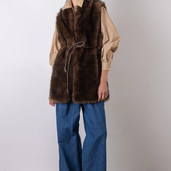 faux fur long belted brown gilet model shot