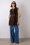 faux fur long belted brown gilet model shot
