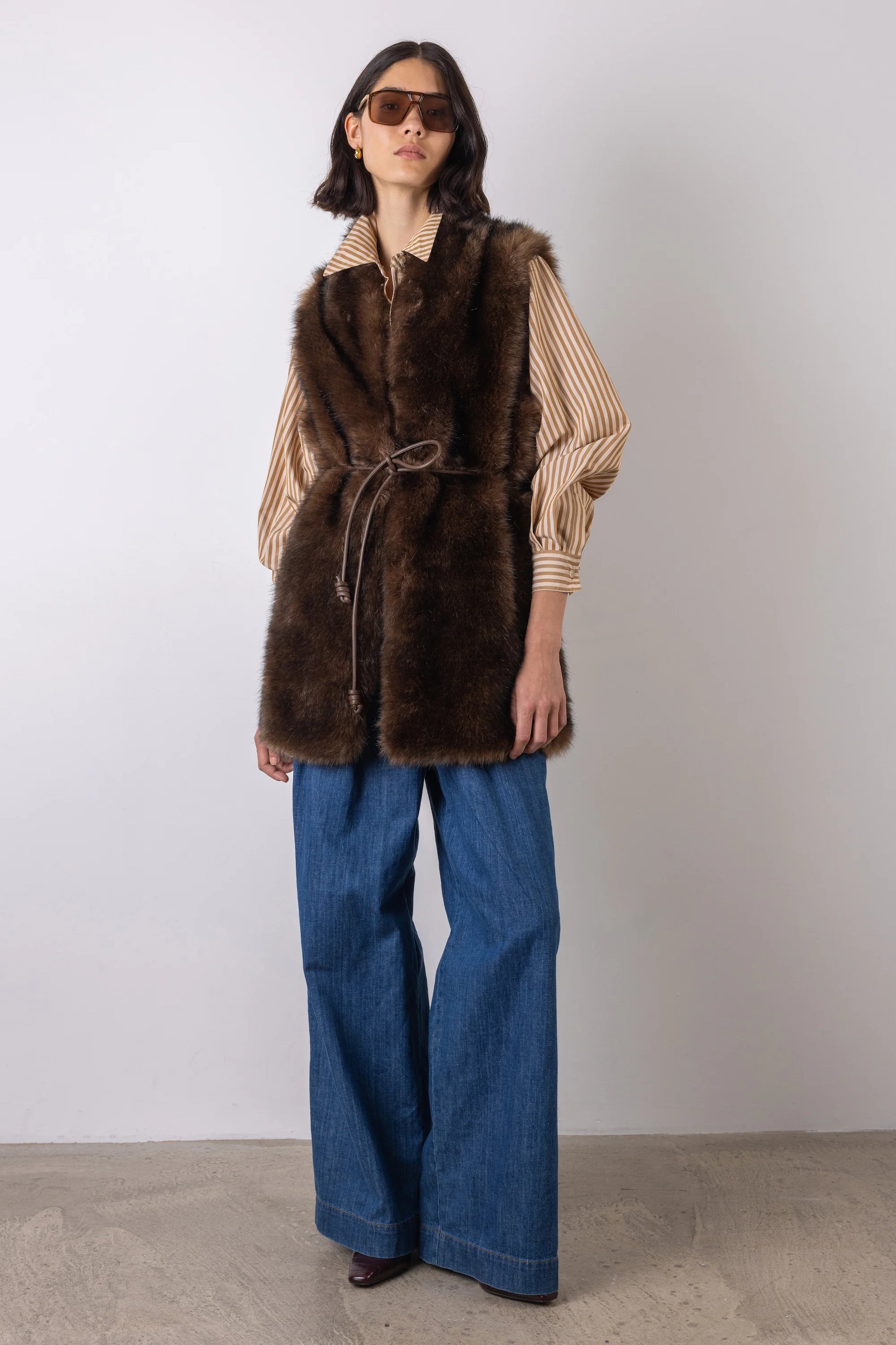 faux fur long belted brown gilet model shot