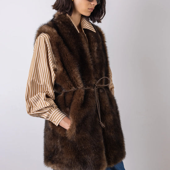 faux fur long belted brown gilet side view