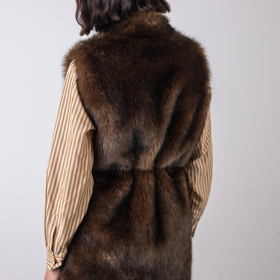 faux fur long belted brown gilet rear view