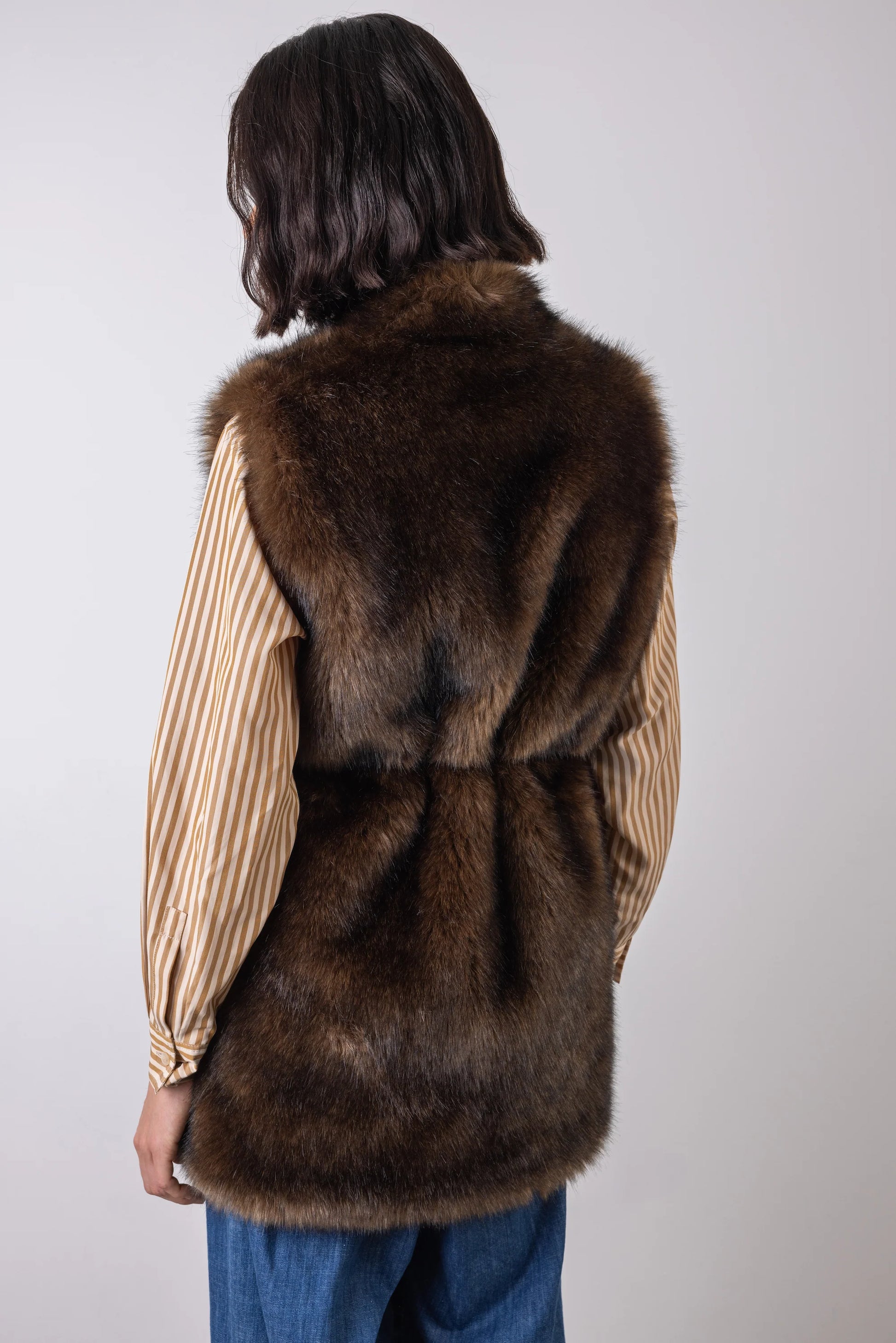 faux fur long belted brown gilet rear view