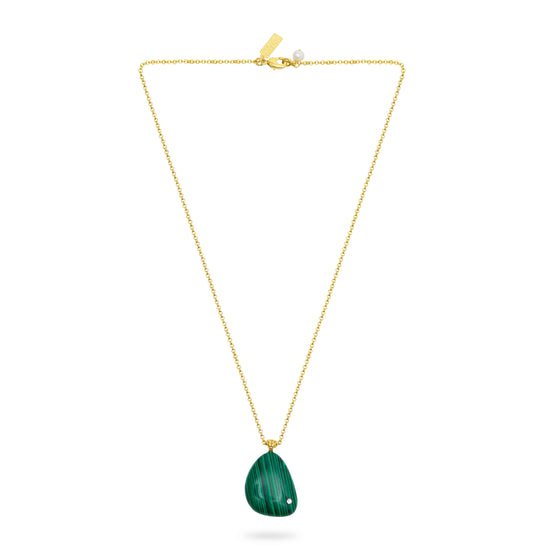 Gold necklace with a green polished stone pendant on a white background from talis chains