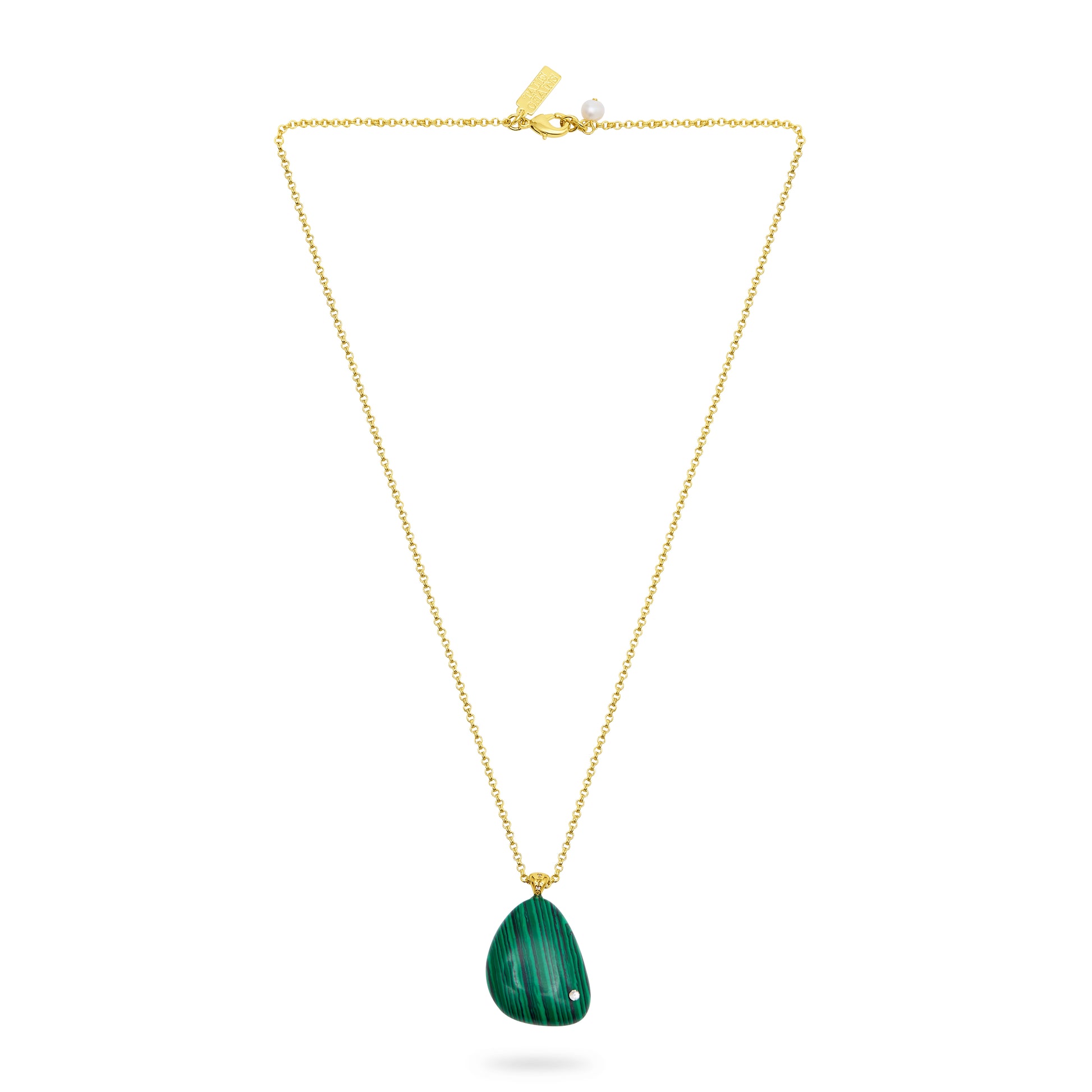 Gold necklace with a green polished stone pendant on a white background from talis chains