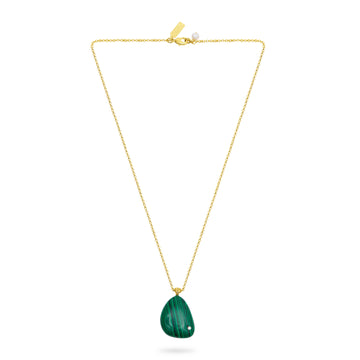 Gold necklace with a green polished stone pendant on a white background from talis chains