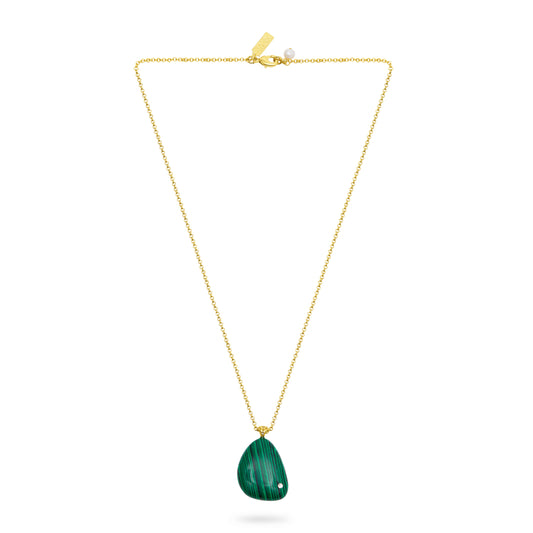 Gold necklace with a green polished stone pendant on a white background from talis chains