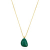 Gold necklace with a green pendant and cubic zirconia detail on a white background close up from talis chains