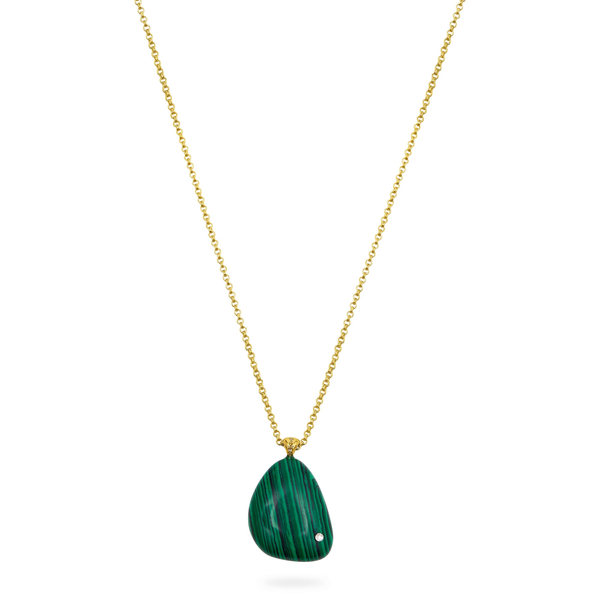 Gold necklace with a green pendant and cubic zirconia detail on a white background close up from talis chains