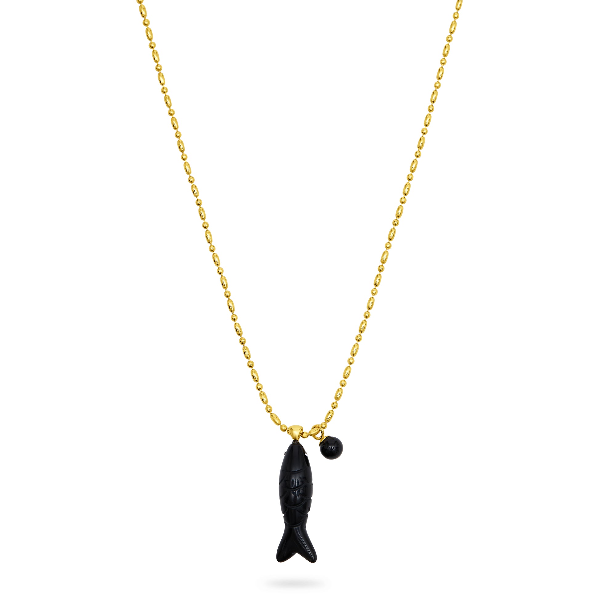 Gold necklace with a black fish pendant on a white background from talis chains