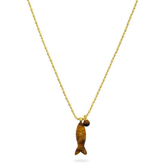 Gold necklace with a tigerseye stone fish-shaped pendant on a white background from talis chains
