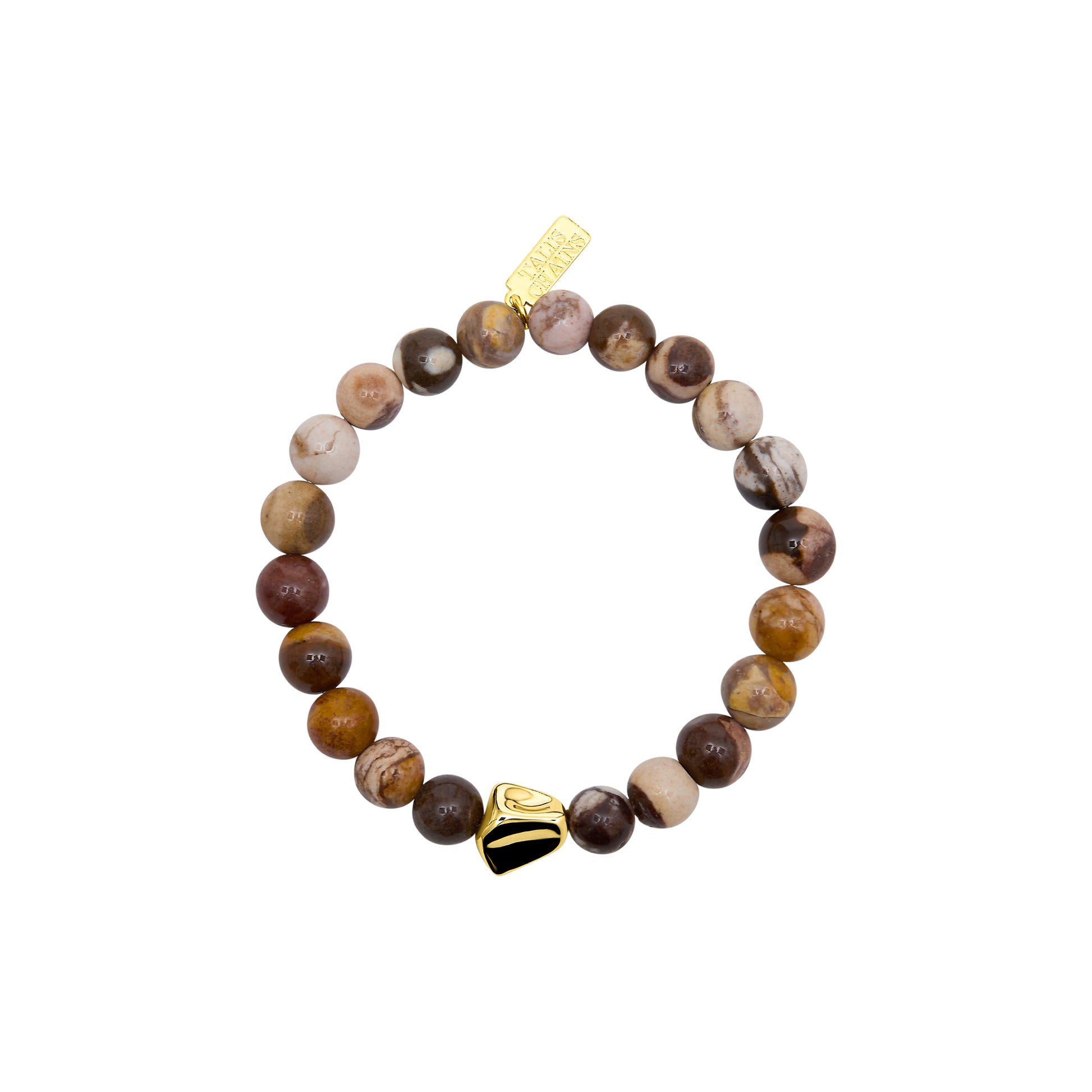 Beaded bracelet with a gold nugget charm on a white background from talis chains