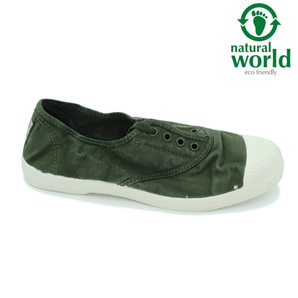 Faded khaki plimsole with removable laces and non-slip white rubber sole