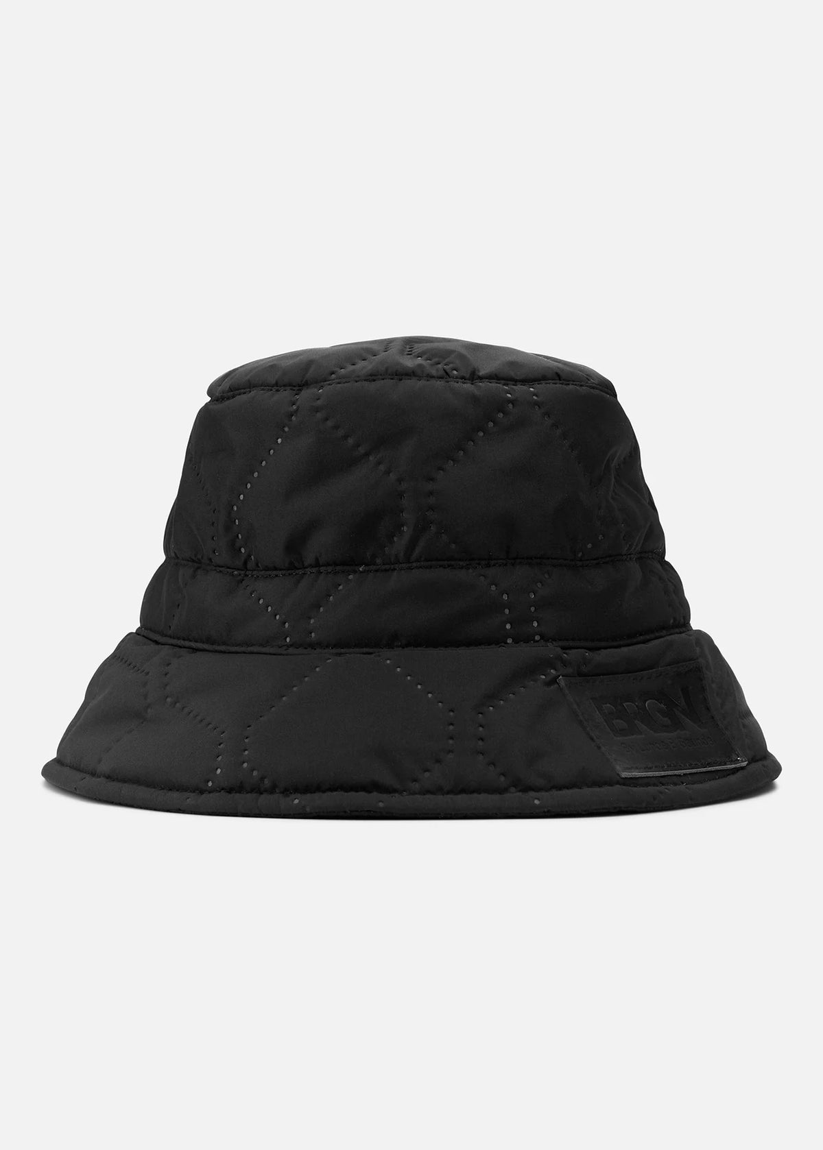 Quilted black bucket hat with BRGN logo embroidered on the lip