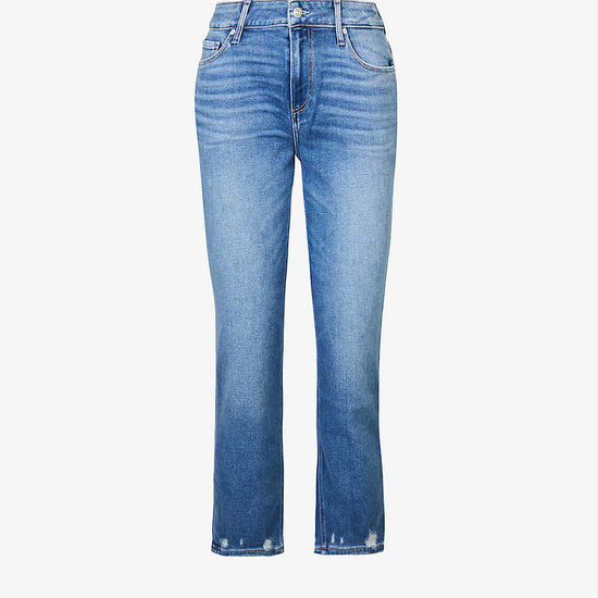 Boyfriend skinny jeans in a mid wash and distressing classic five pocket design