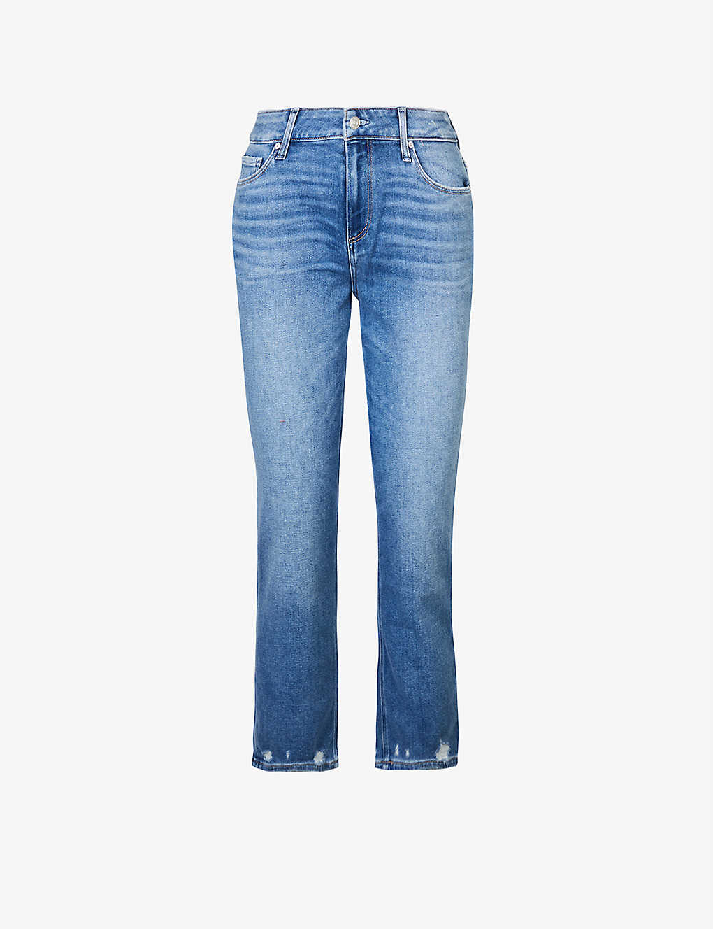 Boyfriend skinny jeans in a mid wash and distressing classic five pocket design