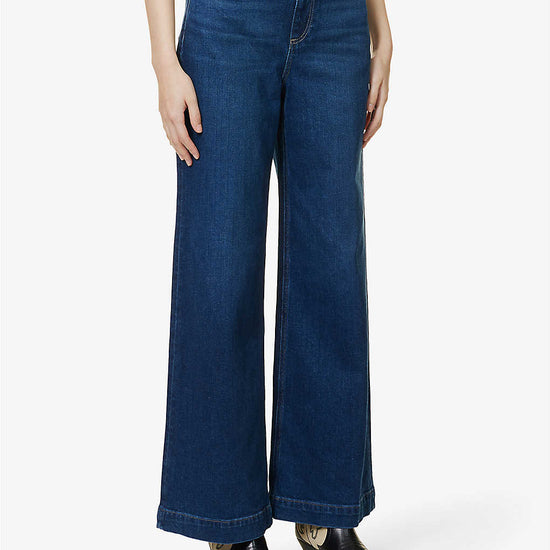 Wide leg dark blue wash full length jeans