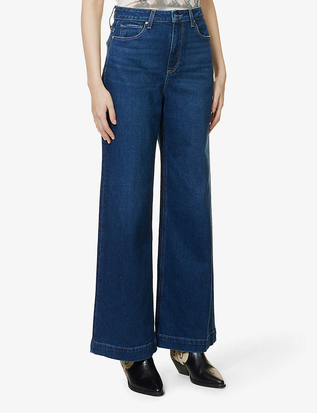 Wide leg dark blue wash full length jeans