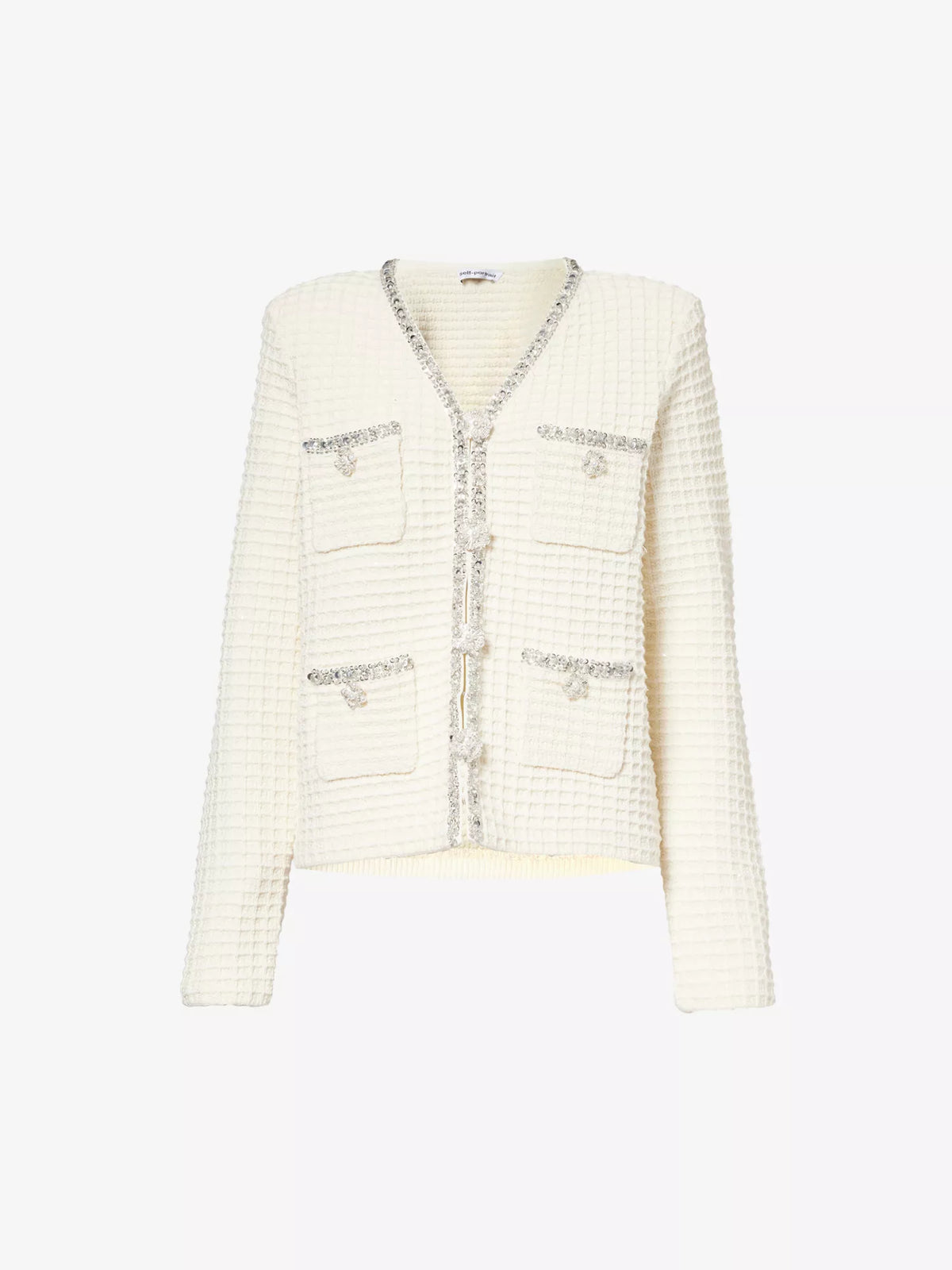 Cream knitted cardigan with four front patch pockets and silver and diamante buttons and trim