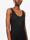 Satin scoop neck slip dress with side split close up of neckline