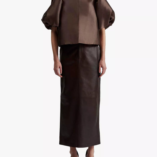 chocolate satin puff sleeve blouse with cropped fit and hook and eye closure model shot